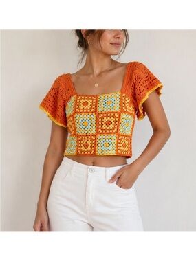 Circus NY Granny Square Crochet Crop Top Boho Festival Multicolor Size S